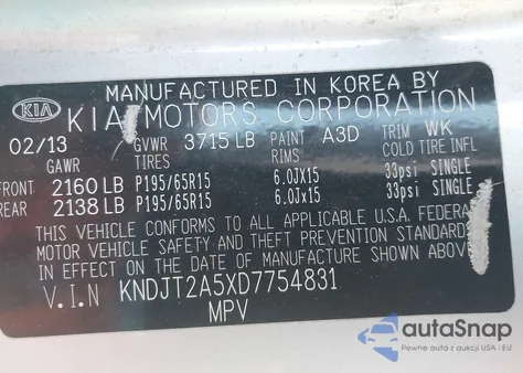 2013 Kia Soul z USA, uszkodzony, nr VIN KNDJT2A5XD7754831